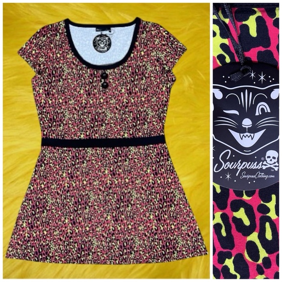 Sourpuss Dresses & Skirts - Sourpuss NWT Black Neon Pink Yellow Animal Print Cap Sleeve Mini Dress 3XL